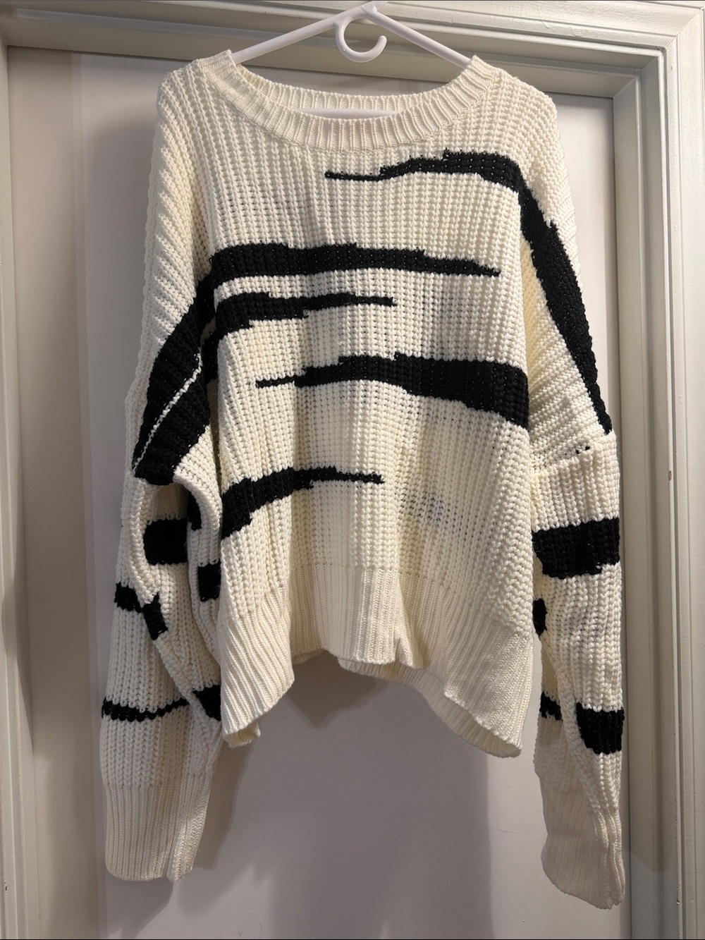 Chunky Cream Crewneck Sweater with Black Brushstroke Pattern